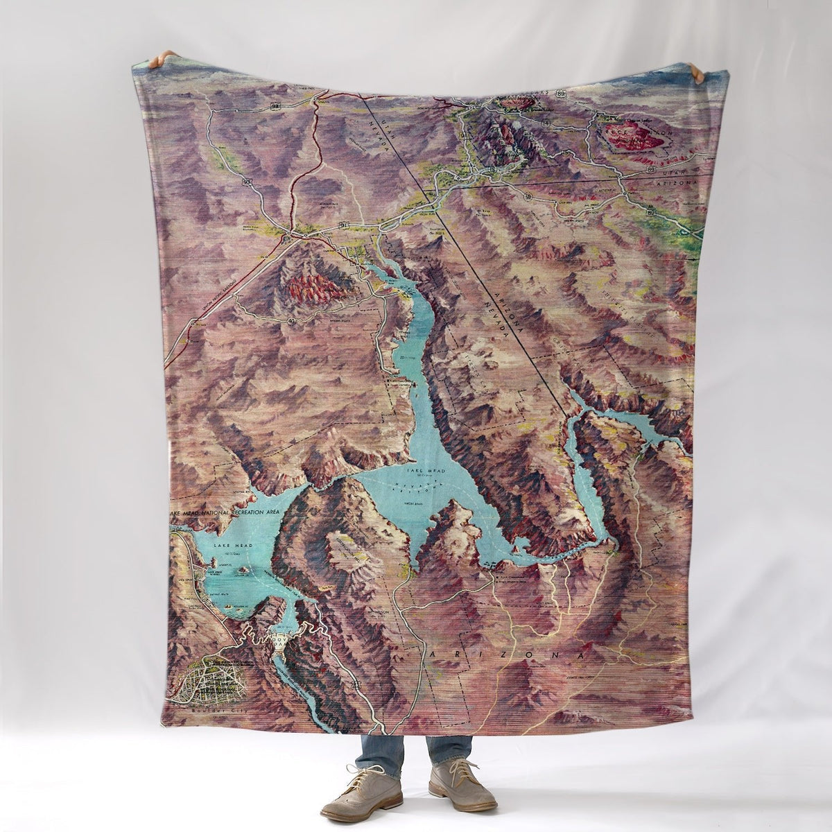 Lake Mead, Nevada Vintage Bird's Eye View Map Blanket - Maritime Tribes USABlanket