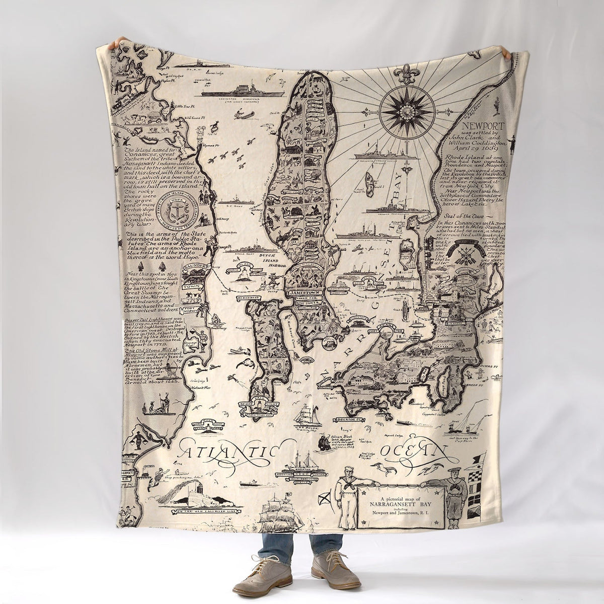 Newport, RI Antique Map, Tourist (Pictorial) map Blanket - Maritime Tribes USABlanket