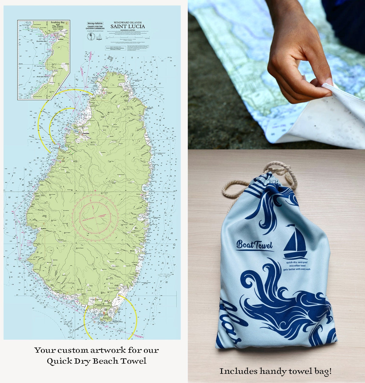 St Lucia, Caribbean, Nautical Chart Quick-Dry Towel - My Signal Flags