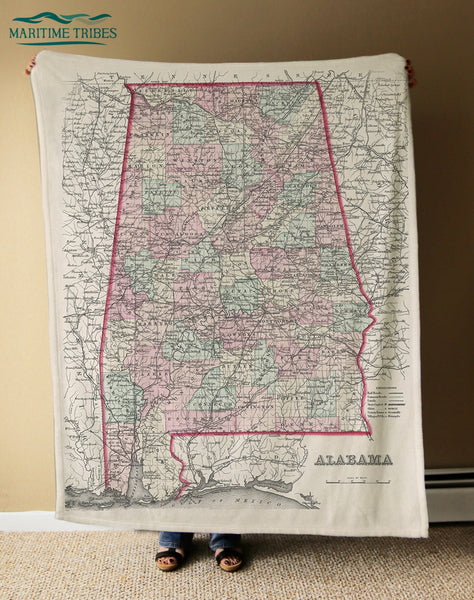 Alabama Antique State Map Blanket