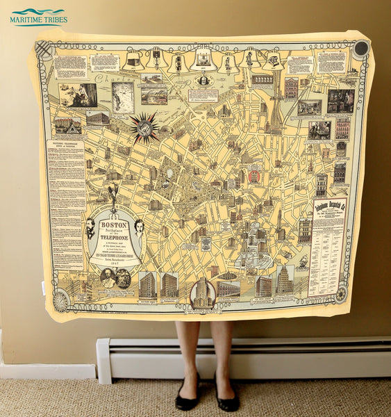 Boston, MA Telephone Birthplace Pictorial Map c. 1947 Blanket