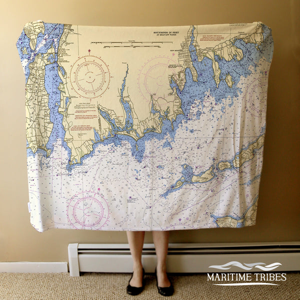 South Coast MA Vintage Nautical Chart Blanket