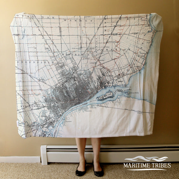 Detroit River, MI Antique Map Blanket