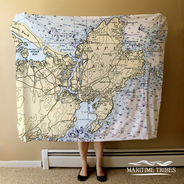 Gloucester Harbor - Cape Ann MA - Vintage Nautical Chart Blanket