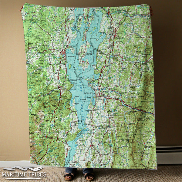 Lake Champlain, VT, NY vintage Topo Map Blanket