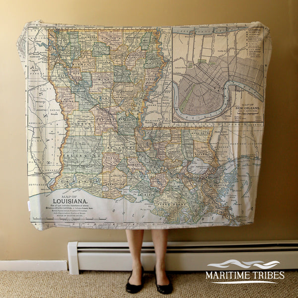 Louisiana Vintage State Map | Vintage State of Louisiana, Earthy Tones Blanket