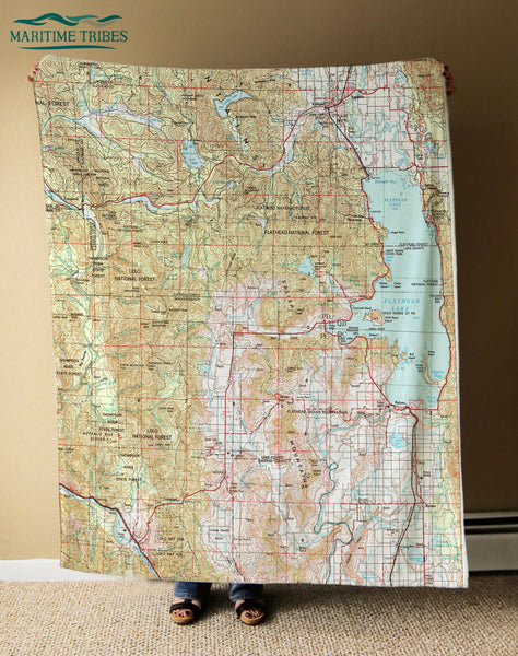 Flathead Lake, Big Fork, MT Vintage Topo Map Blanket