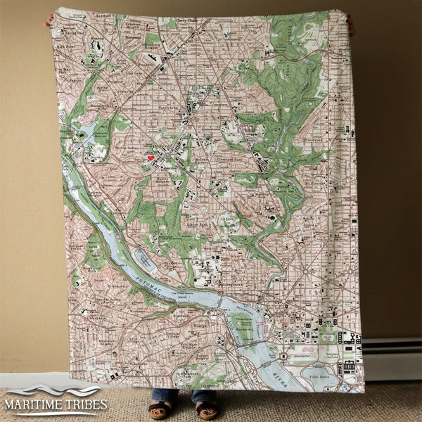 Washington DC Topo Map w/ Heart on American University Blanket