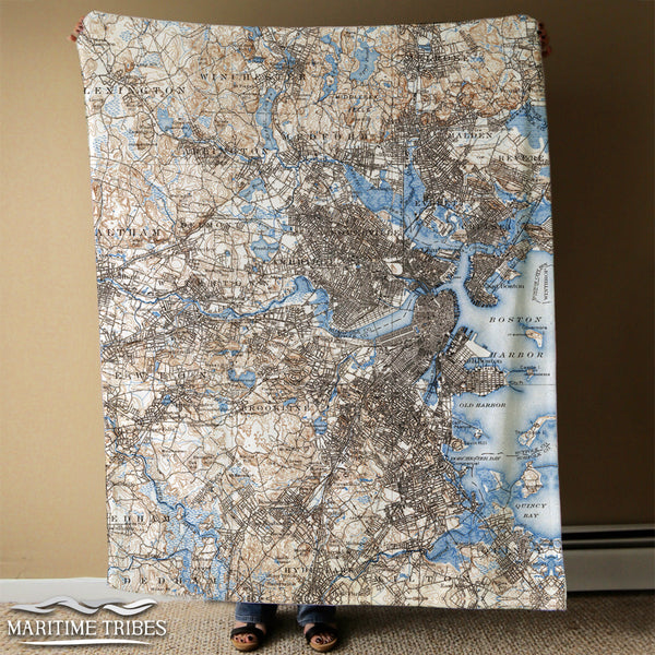 Boston Vintage Blues Antique Map Blanket