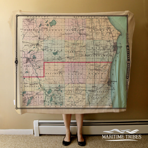 Kenosha & Racine Counties antique Map Blanket