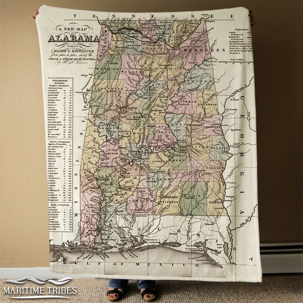 Alabama Vintage State Map Blanket