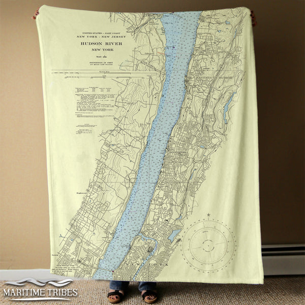 NYC to Hastings-on-Hudson, NYVintage Nautical Chart Blanket