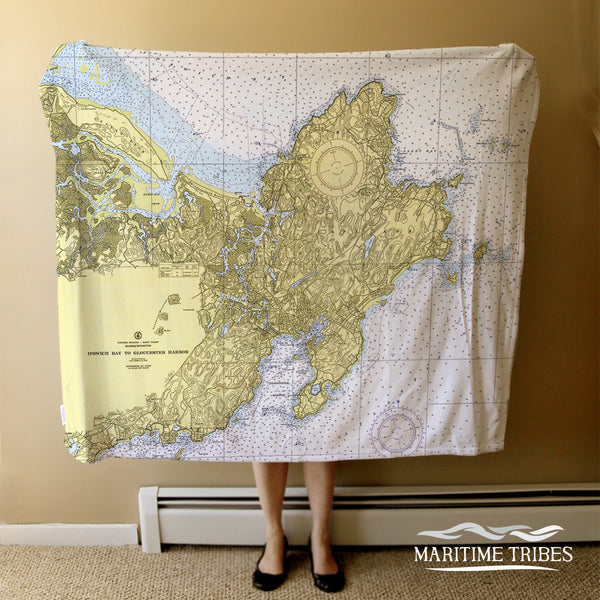 Gloucester - Cape Ann, MA.Vintage Nautical Chart Blanket
