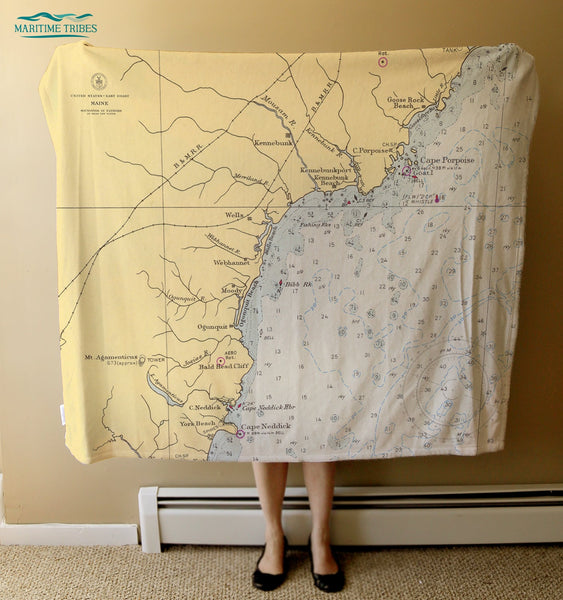 Kennebunkport ME Vintage Nautical Chart Blanket